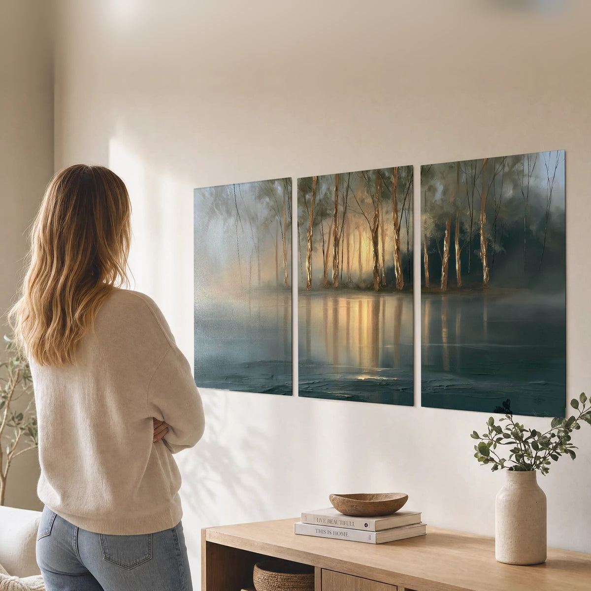 Misty lake sunrise painting set of 3 poster prints in a living room