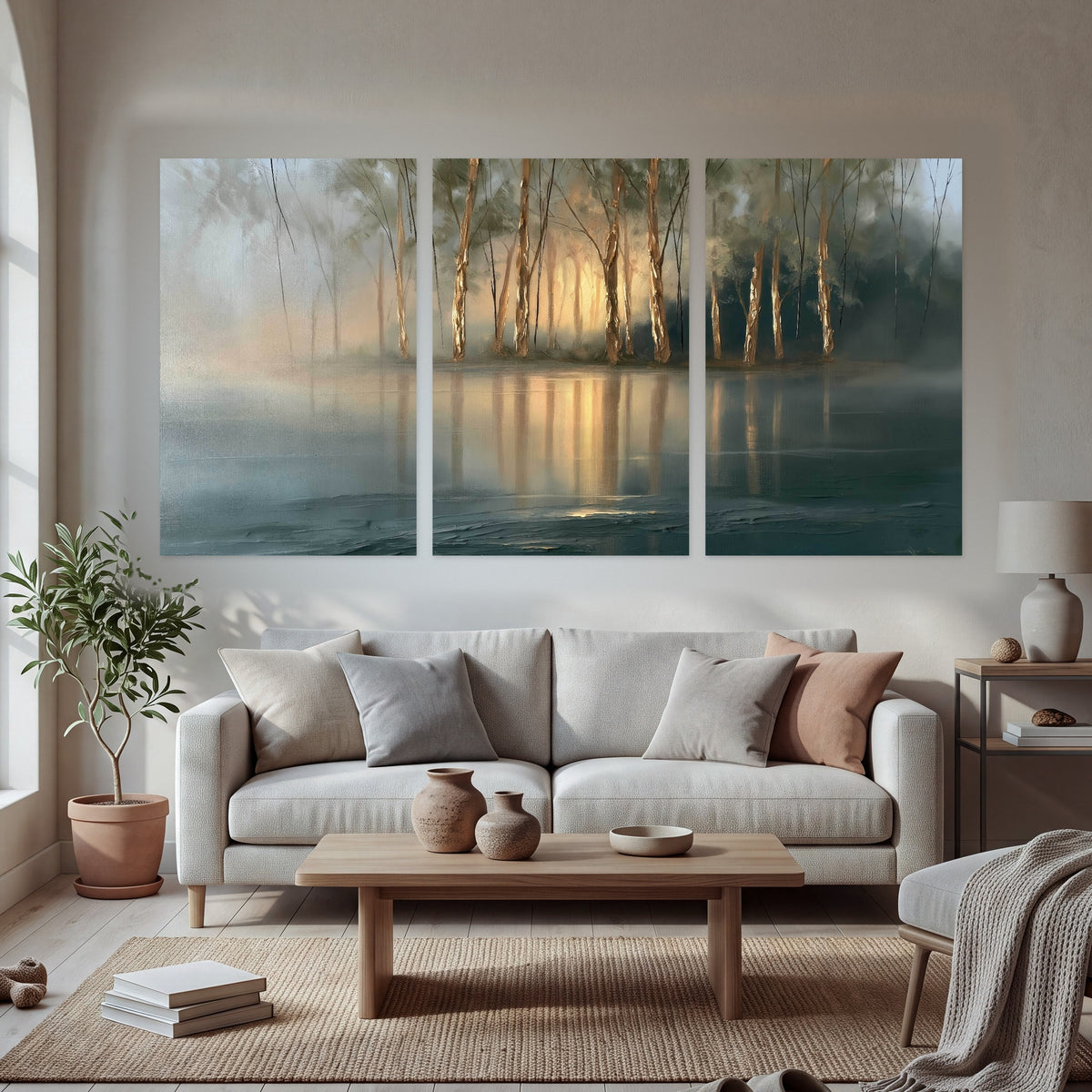 Misty lake sunrise painting set of 3 poster prints in a bright living room