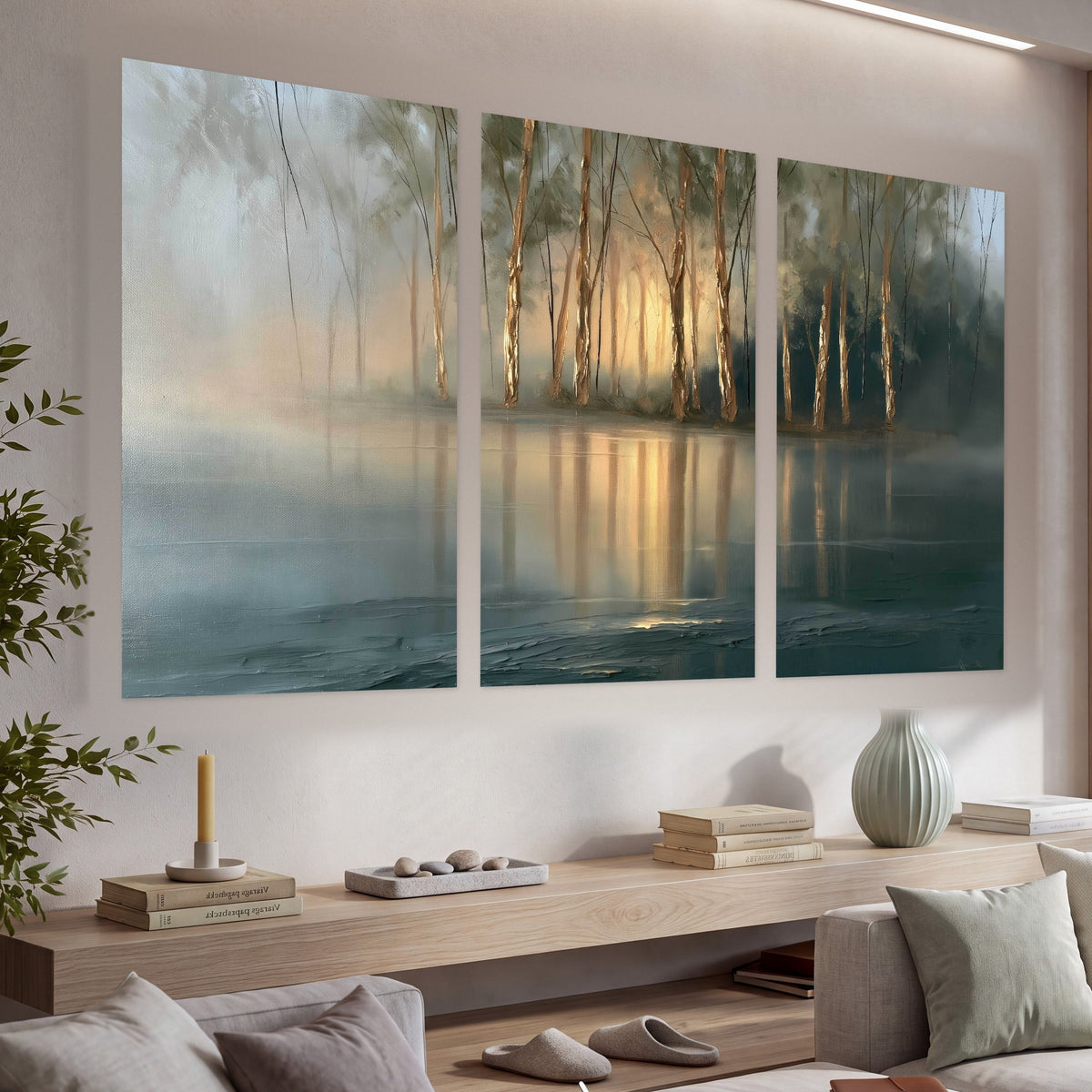 Misty lake sunrise painting set of 3 poster prints in a living room above a console
