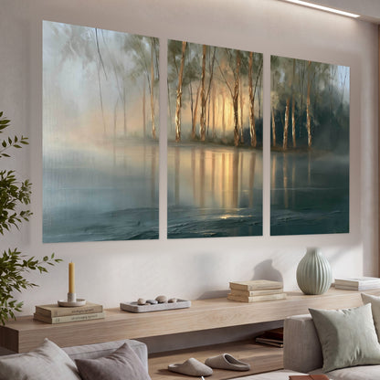 Misty lake sunrise painting set of 3 poster prints in a living room above a console