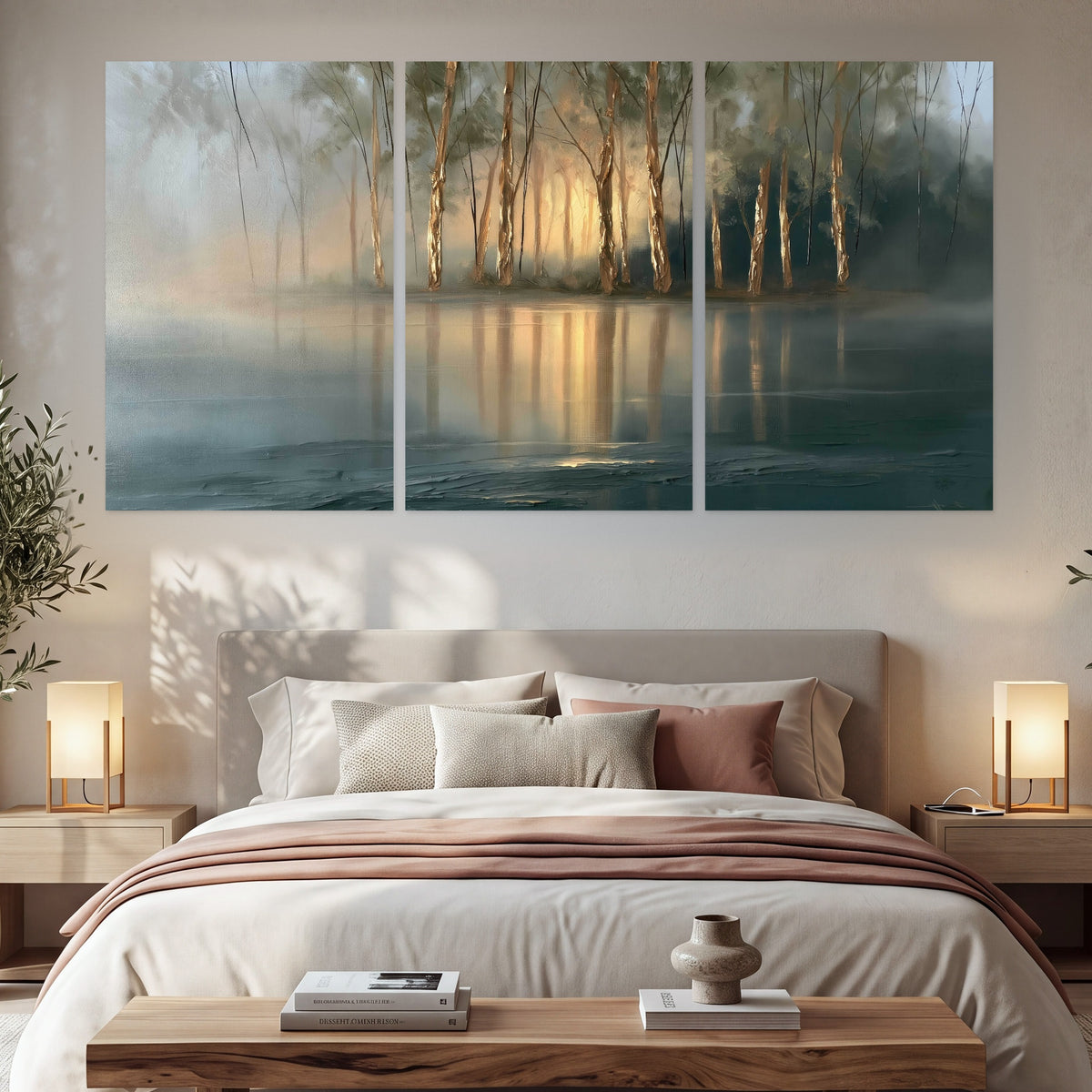 Misty lake sunrise painting set of 3 poster prints in a bedroom above the bed