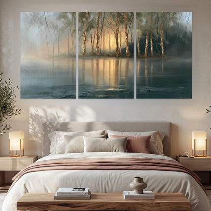 Misty lake sunrise painting set of 3 poster prints in a bedroom above the bed