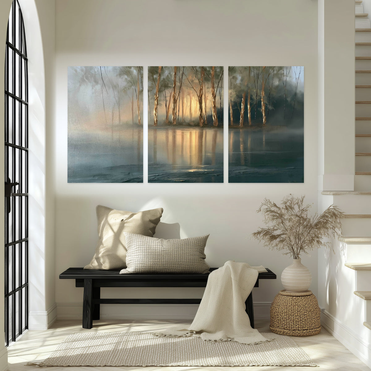 Misty lake sunrise painting set of 3 poster prints in an entryway above a bench