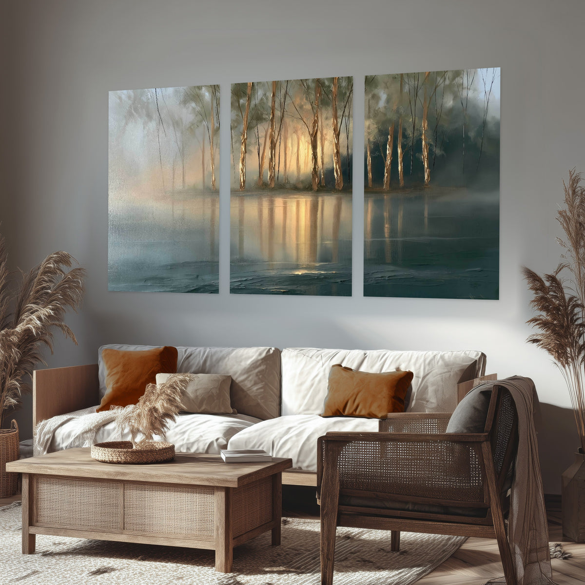 Misty lake sunrise painting set of 3 poster prints in a rustic living room