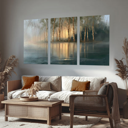 Misty lake sunrise painting set of 3 poster prints in a rustic living room