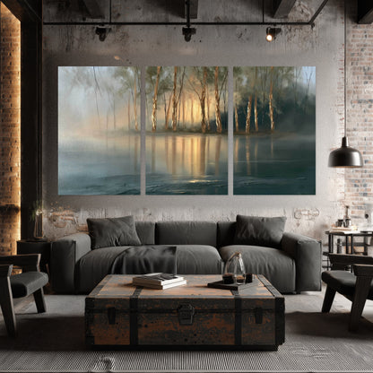Misty lake sunrise painting set of 3 poster prints in an industrial loft