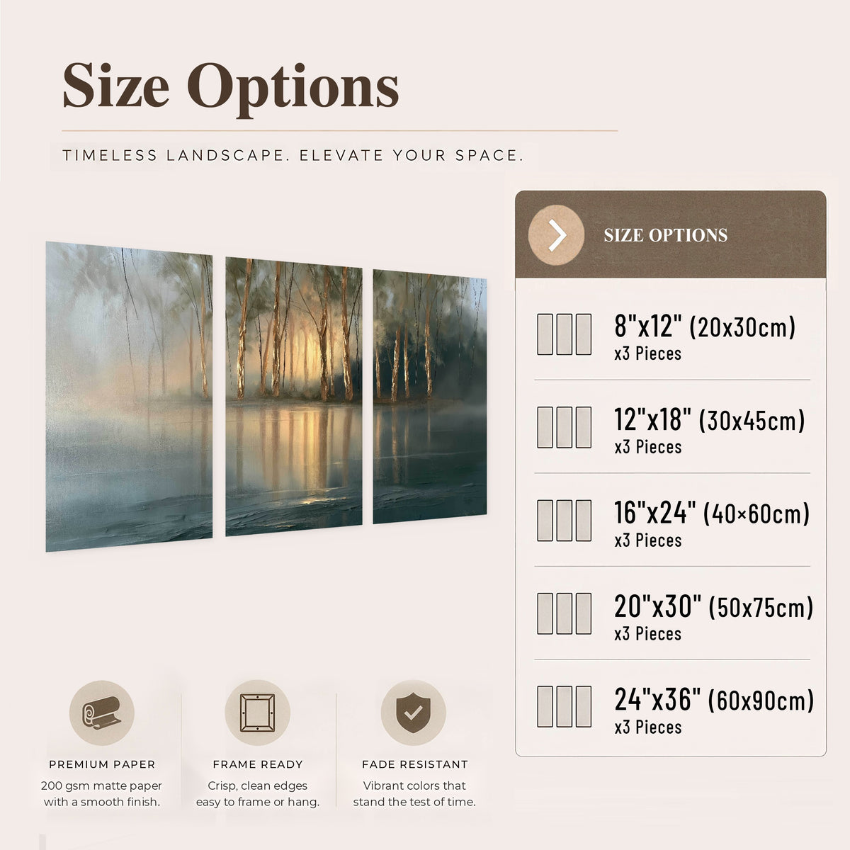 Misty lake sunrise painting set of 3 poster prints size options
