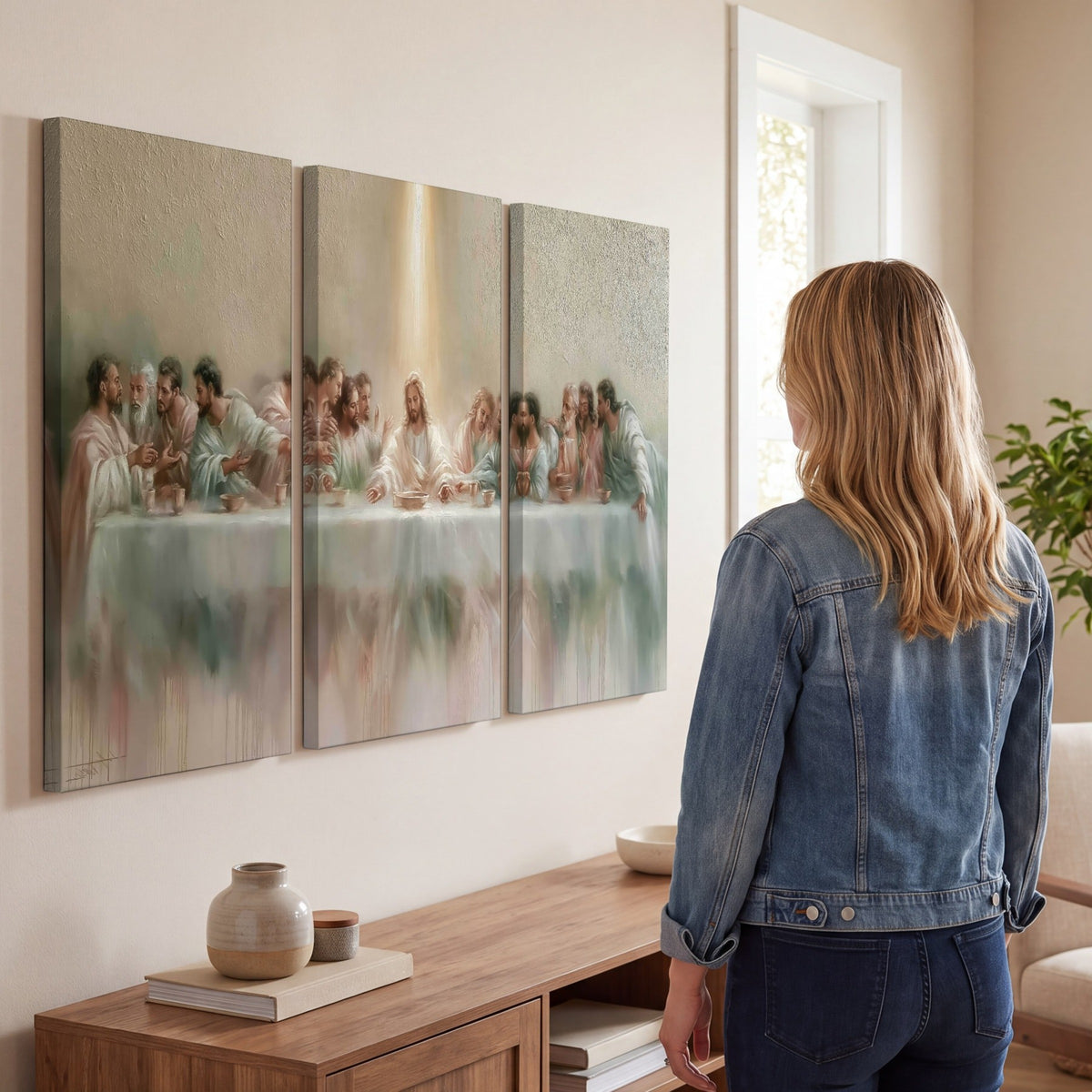 The Last Supper painting 3 piece canvas wall art in a living room
