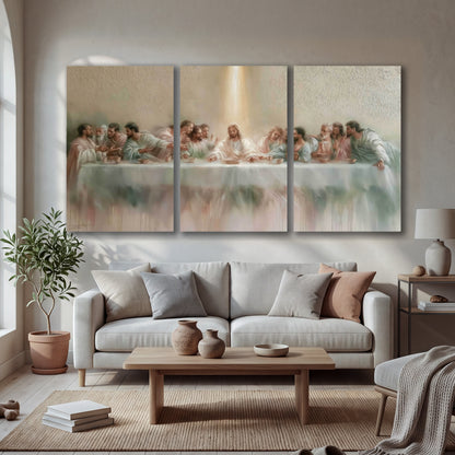 The Last Supper painting 3 piece canvas wall art in a bright living room