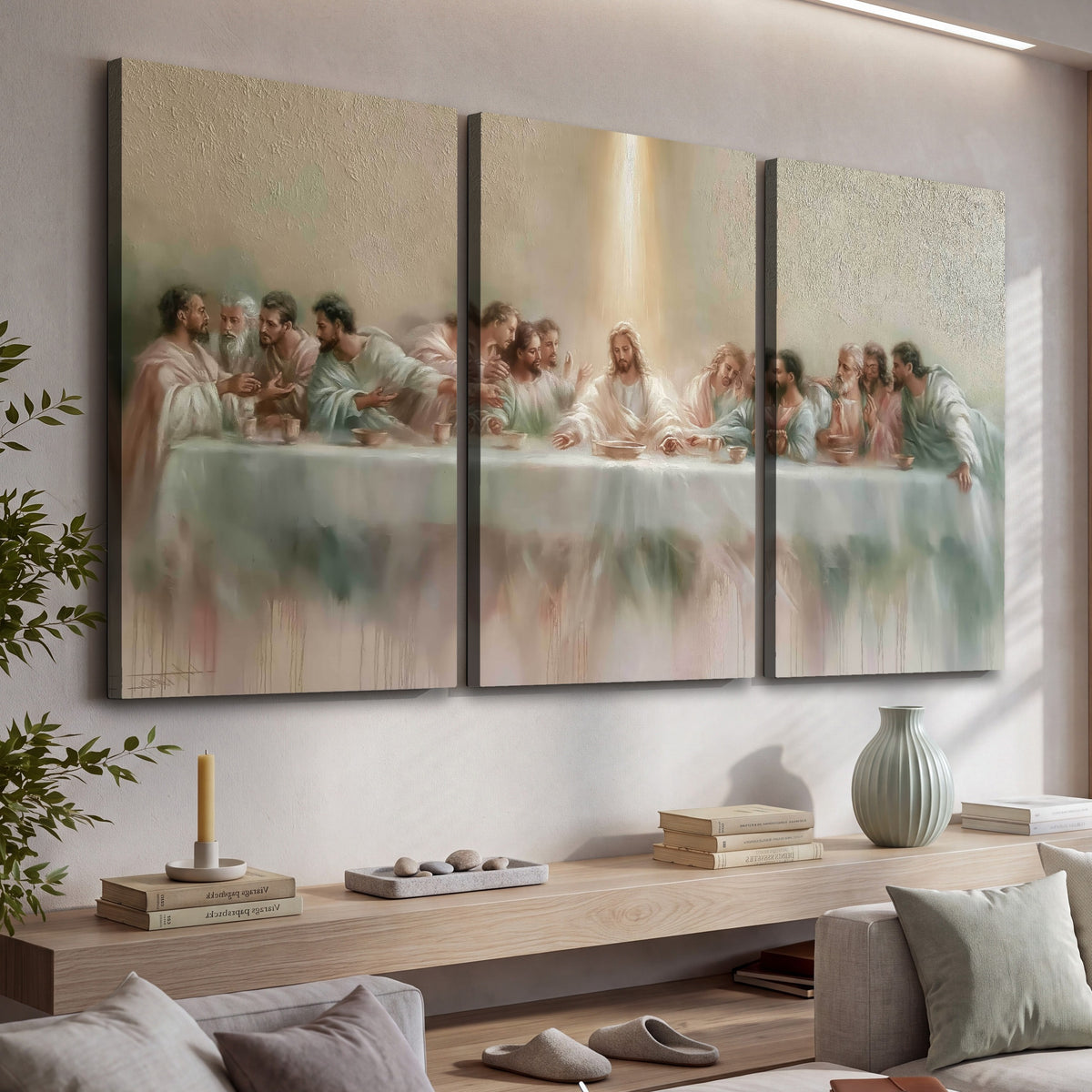 The Last Supper painting 3 piece canvas wall art in a living room above a console