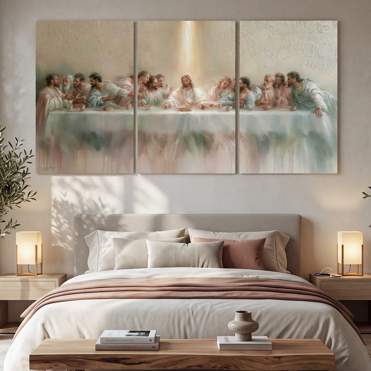 The Last Supper painting 3 piece canvas wall art in a bedroom above the bed