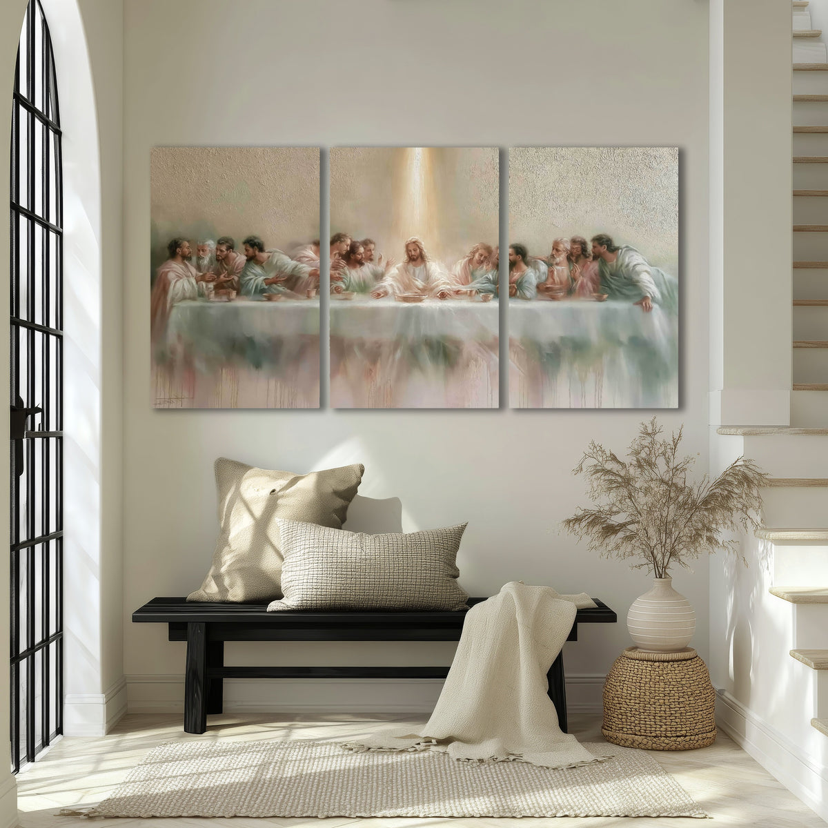The Last Supper painting 3 piece canvas wall art in an entryway above a bench