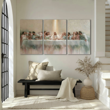 The Last Supper painting 3 piece canvas wall art in an entryway above a bench