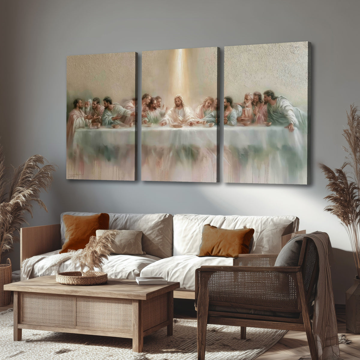 The Last Supper painting 3 piece canvas wall art in a rustic living room