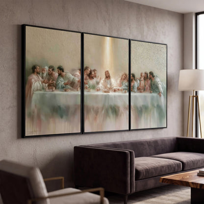 The Last Supper painting 3 piece canvas wall art in a modern living room