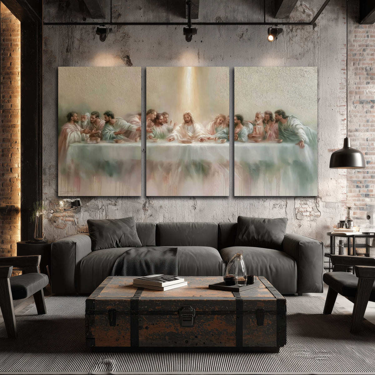 The Last Supper painting 3 piece canvas wall art in an industrial loft