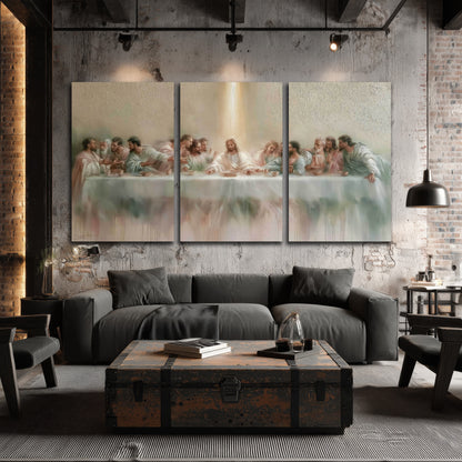 The Last Supper painting 3 piece canvas wall art in an industrial loft