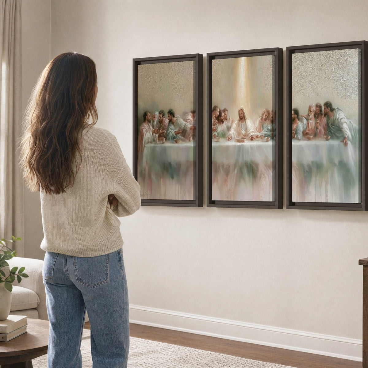 The Last Supper painting 3 piece framed canvas in a living room
