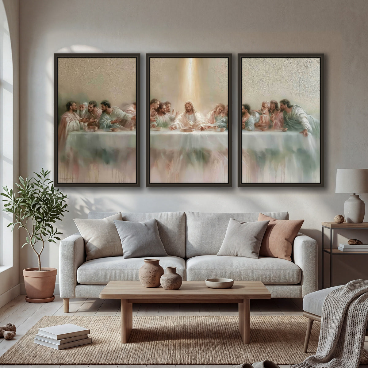 The Last Supper painting 3 piece framed canvas in a bright living room