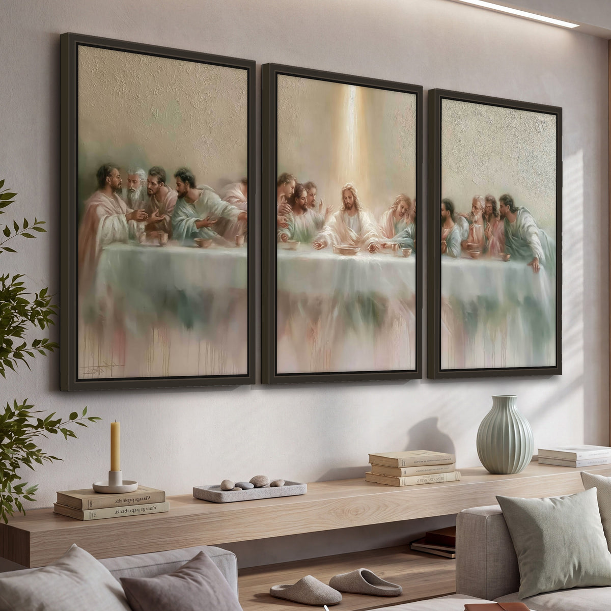 The Last Supper painting 3 piece framed canvas in a living room above a console