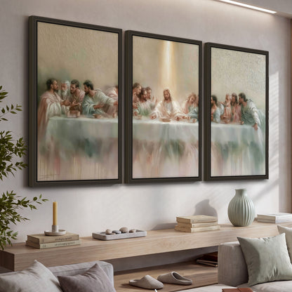 The Last Supper painting 3 piece framed canvas in a living room above a console
