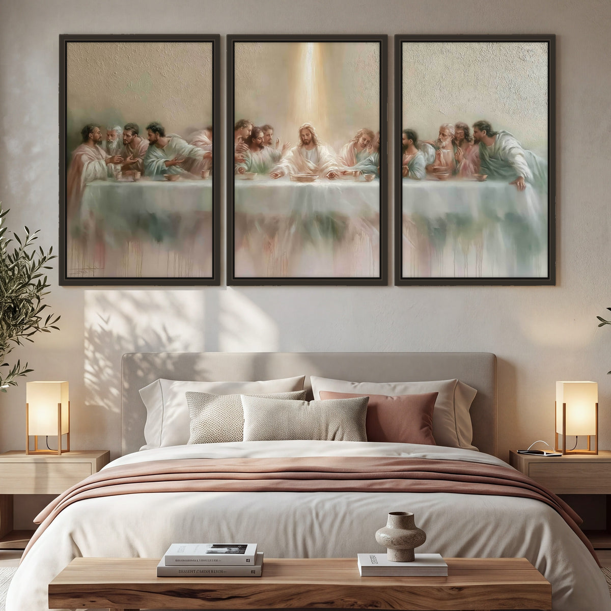 The Last Supper painting 3 piece framed canvas in a bedroom above the bed