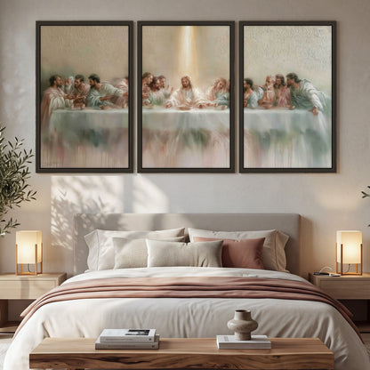 The Last Supper painting 3 piece framed canvas in a bedroom above the bed
