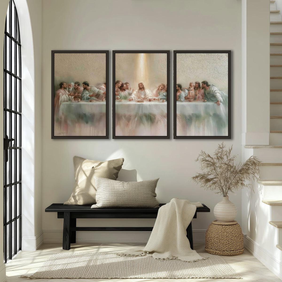 The Last Supper painting 3 piece framed canvas in an entryway above a bench