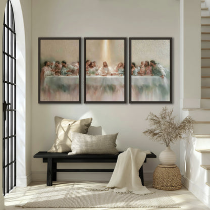 The Last Supper painting 3 piece framed canvas in an entryway above a bench