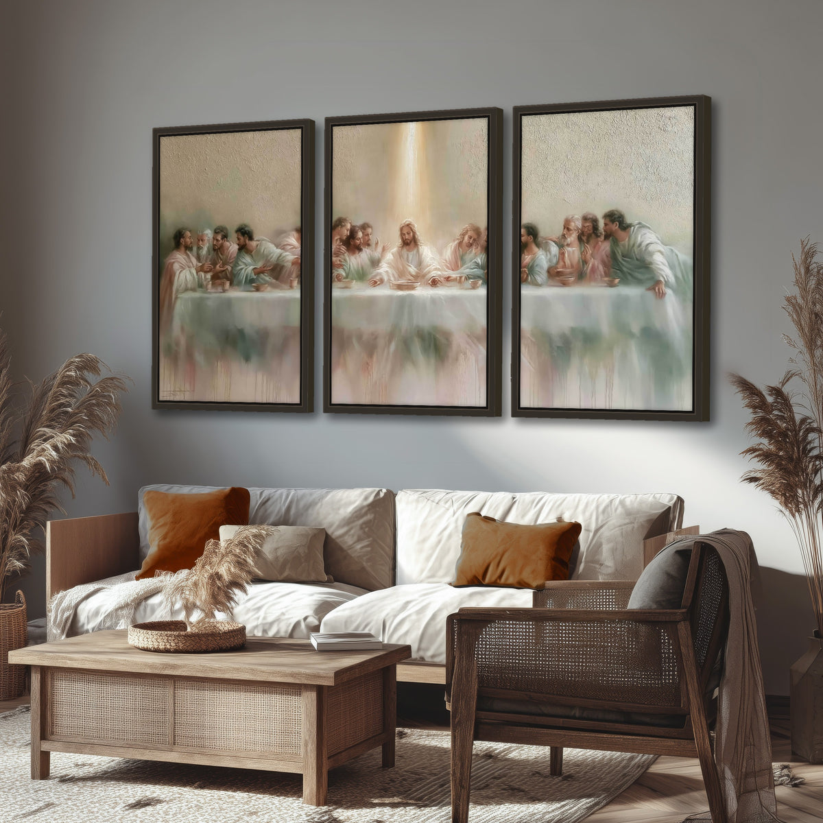 The Last Supper painting 3 piece framed canvas in a rustic living room