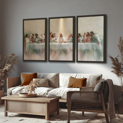 The Last Supper painting 3 piece framed canvas in a rustic living room