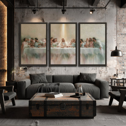 The Last Supper painting 3 piece framed canvas in an industrial loft