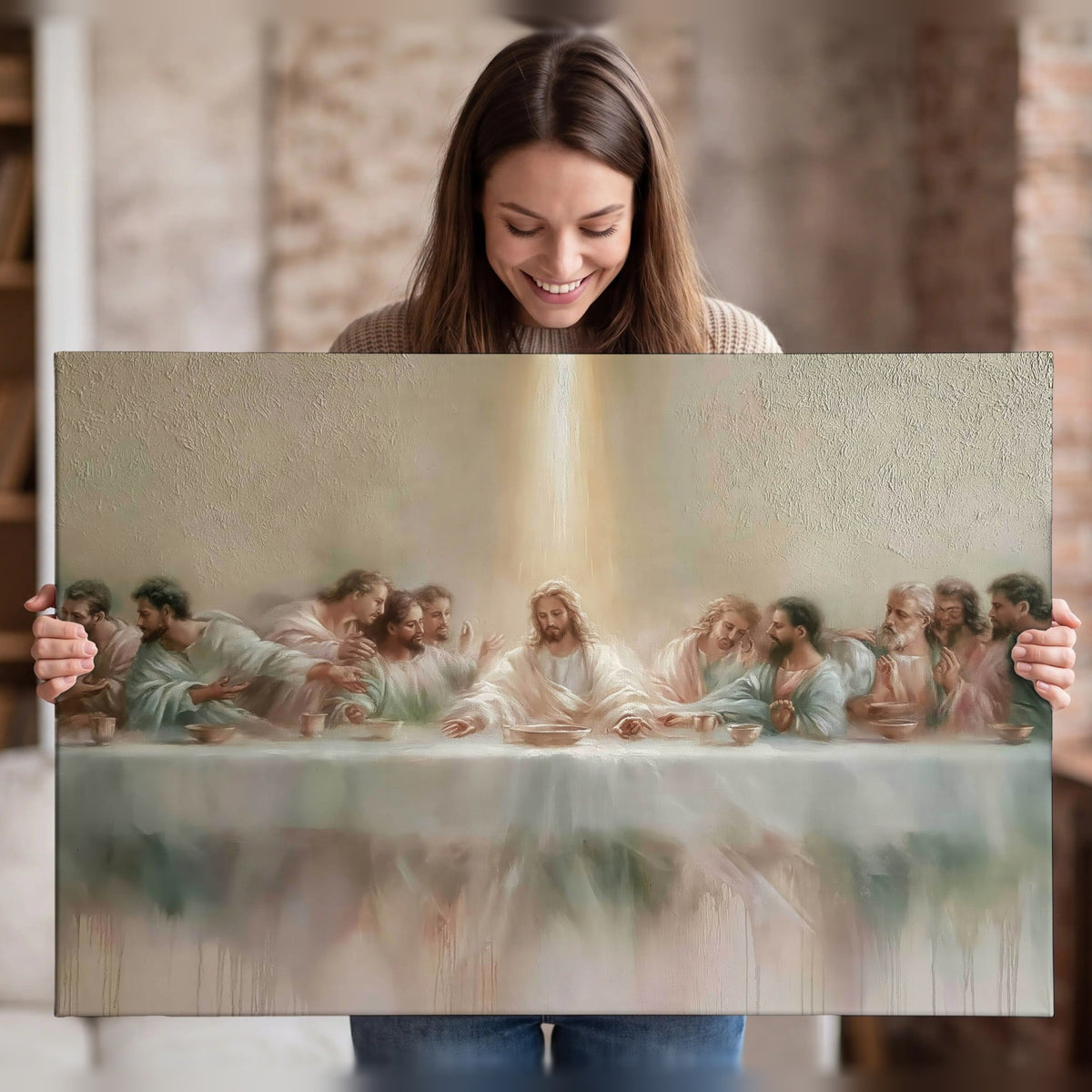The Last Supper painting canvas wall art held in hands