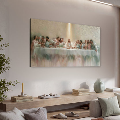 The Last Supper painting canvas wall art in a living room above a console