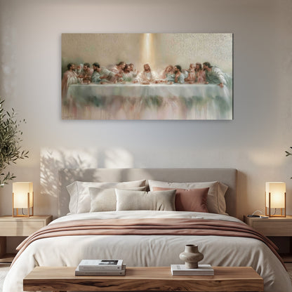 The Last Supper painting canvas wall art in a bedroom above the bed