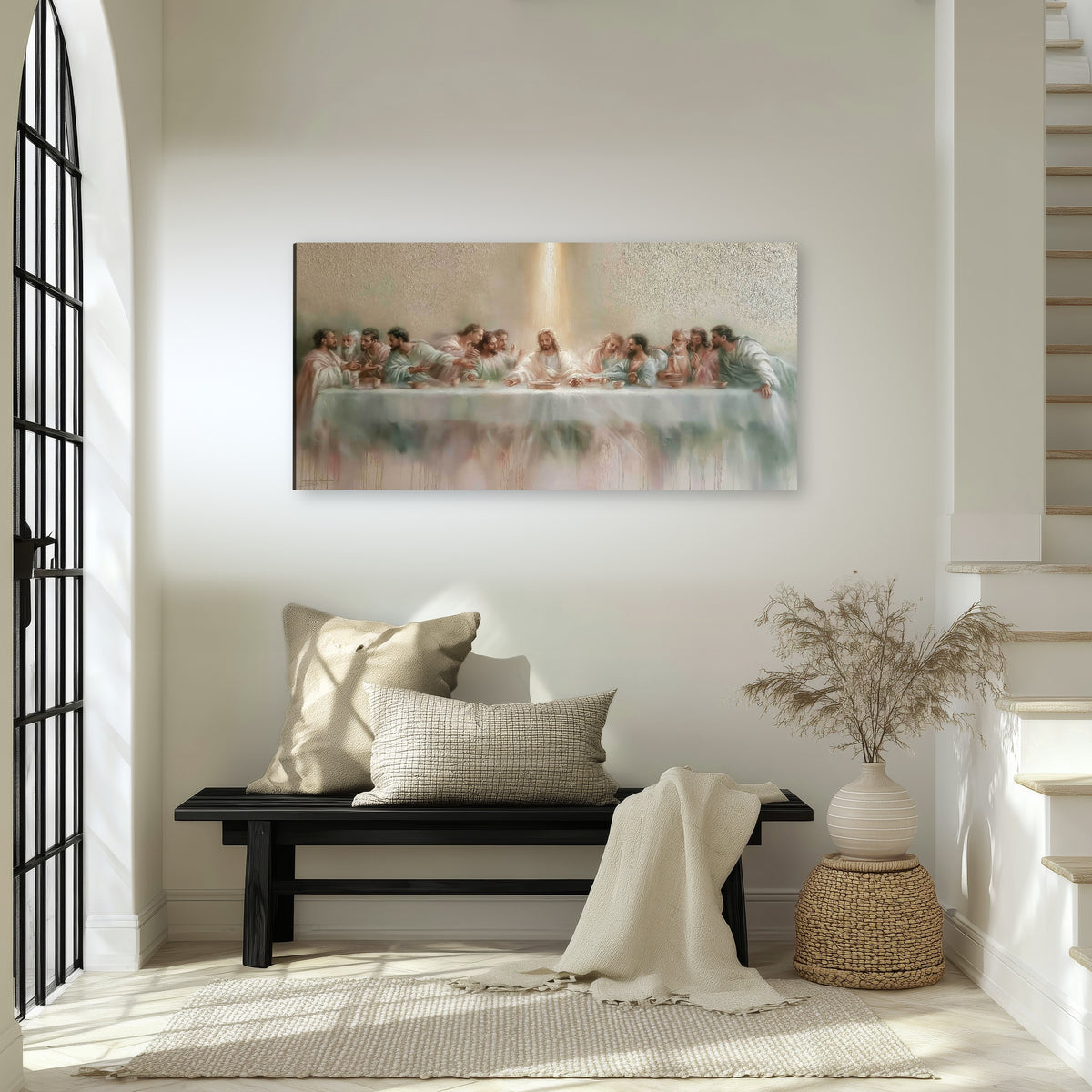 The Last Supper painting canvas wall art in an entryway above a bench