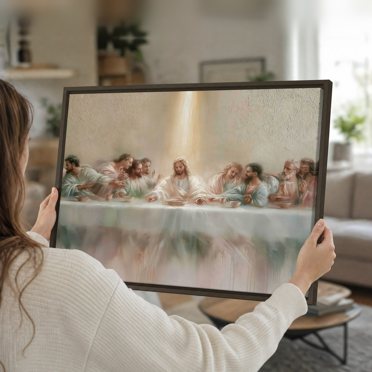 The Last Supper painting framed canvas held in hands
