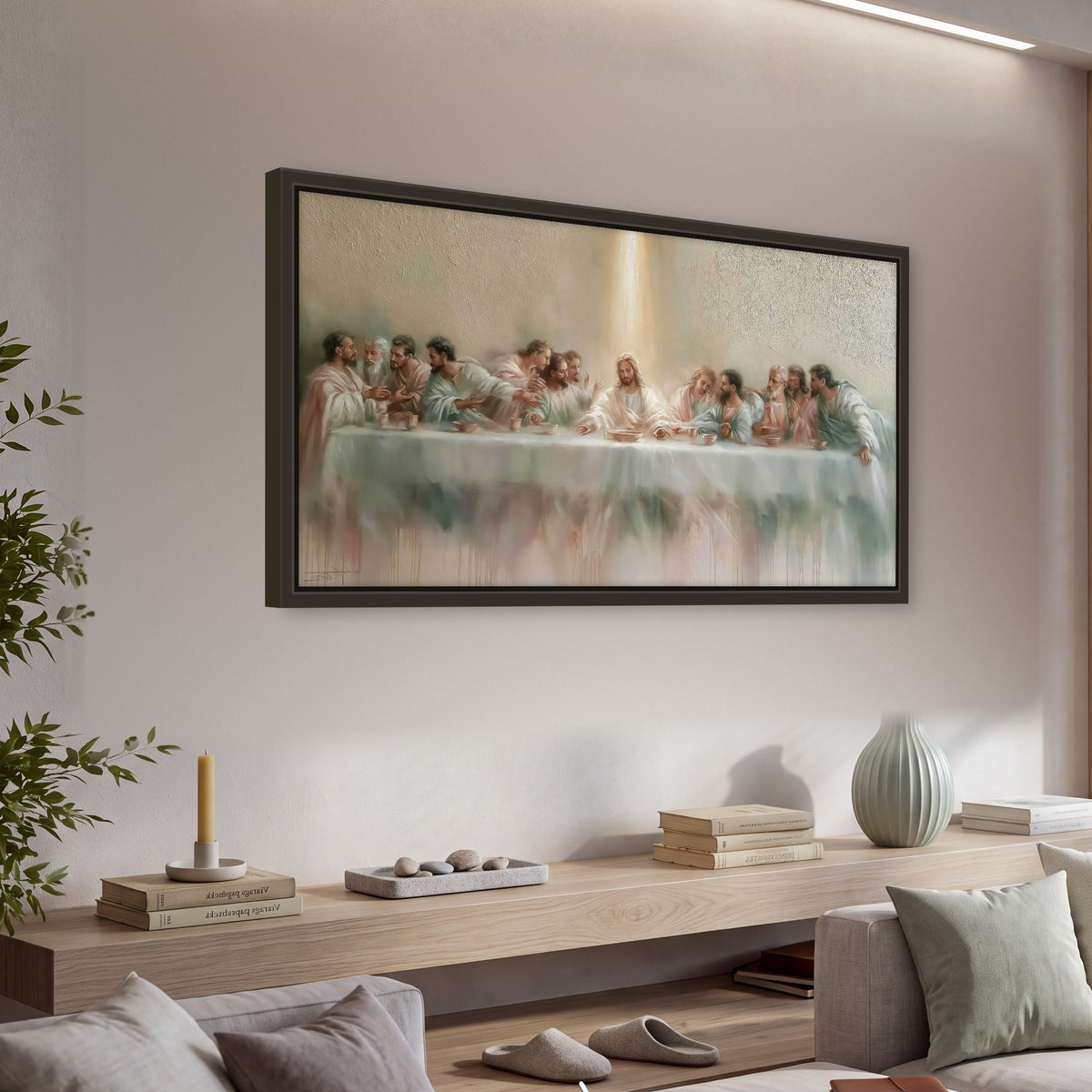 The Last Supper painting framed canvas wall art in a living room above a console