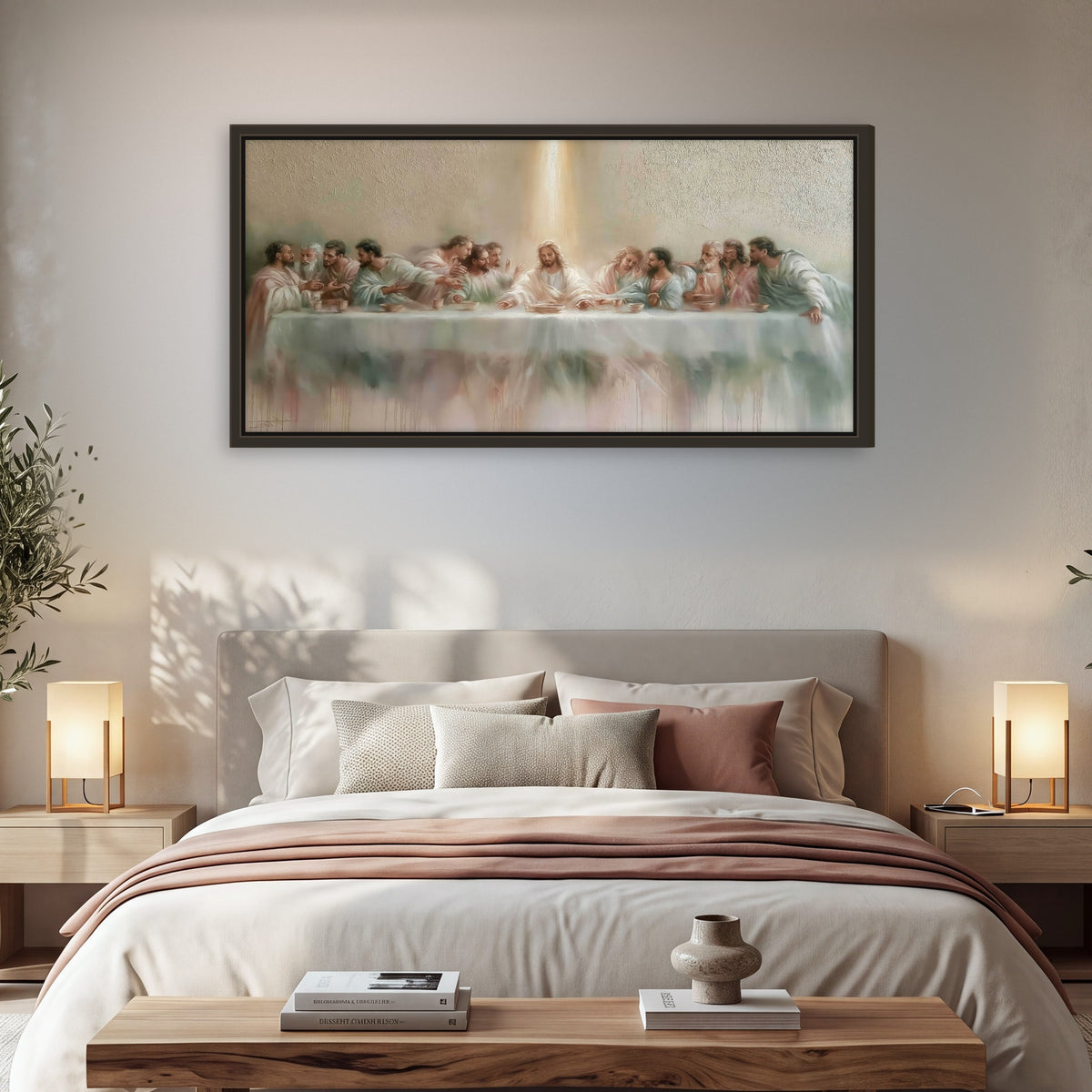 The Last Supper painting framed canvas wall art in a bedroom above the bed