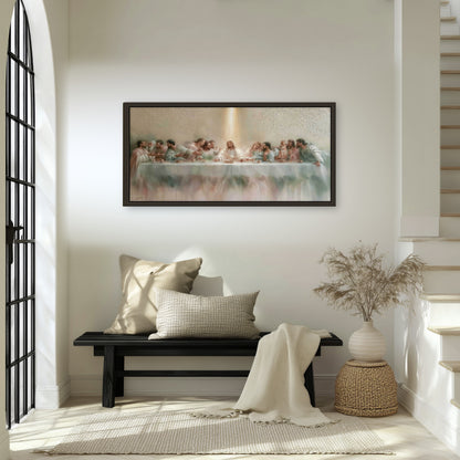 The Last Supper painting framed canvas wall art in an entryway above a bench