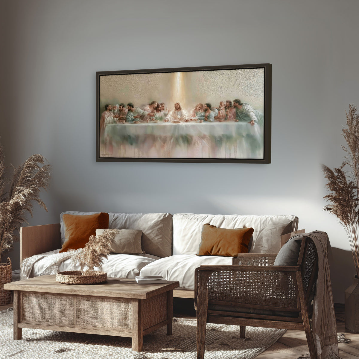 The Last Supper painting framed canvas wall art in a rustic living room