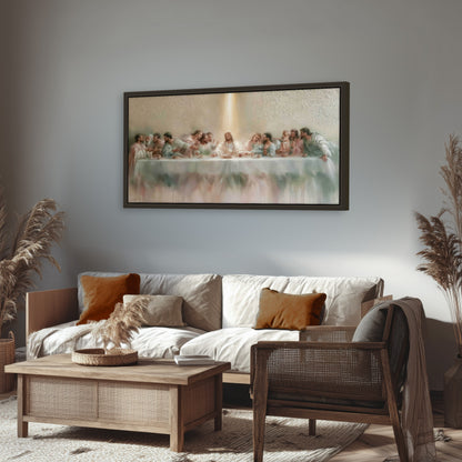 The Last Supper painting framed canvas wall art in a rustic living room