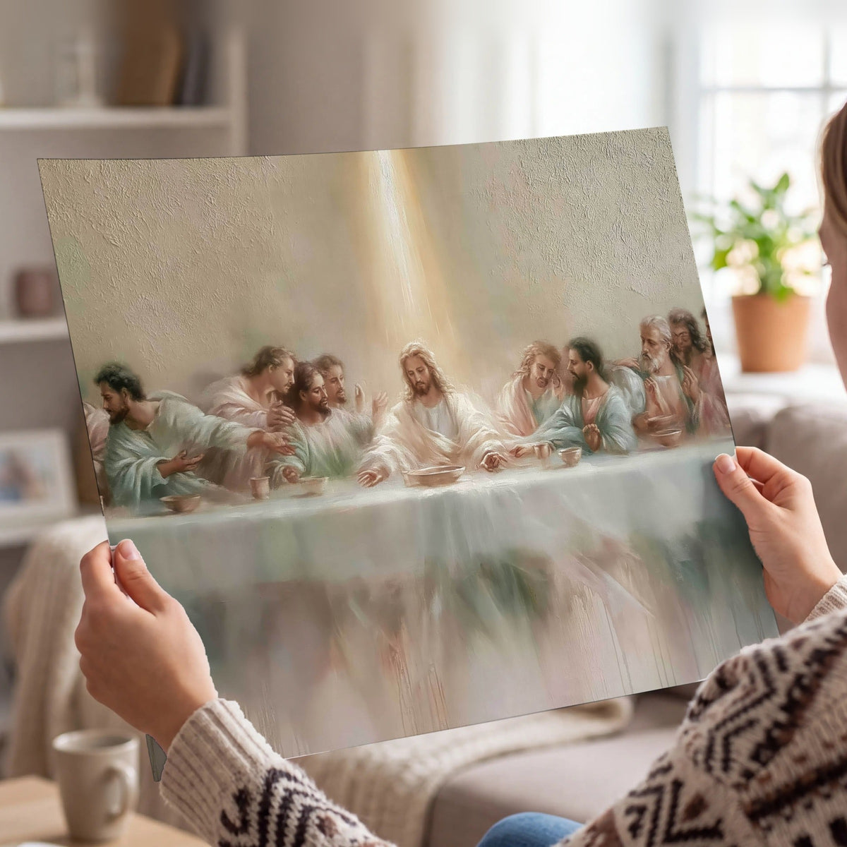 The Last Supper painting poster print held in hands