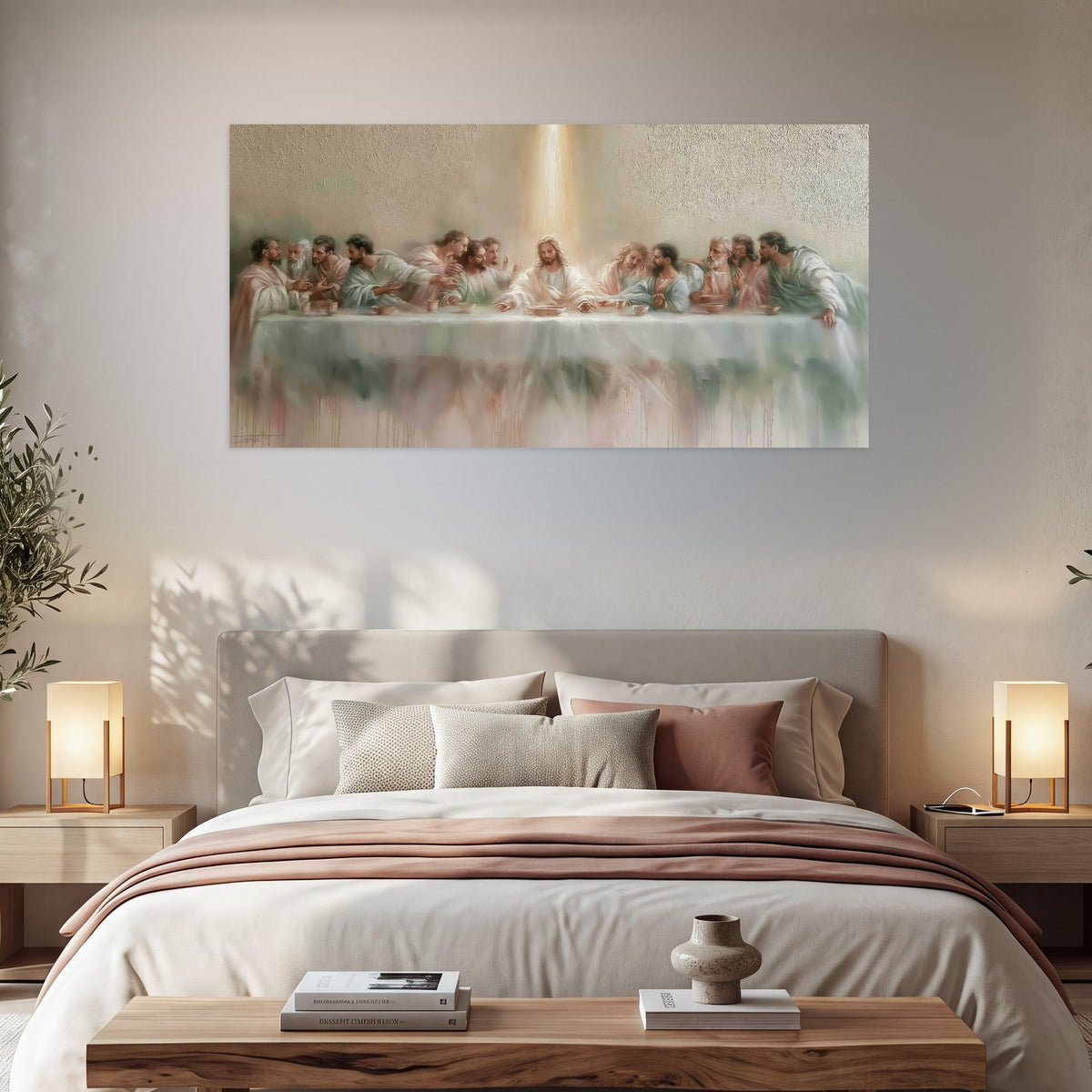 The Last Supper painting poster print in a bedroom above the bed