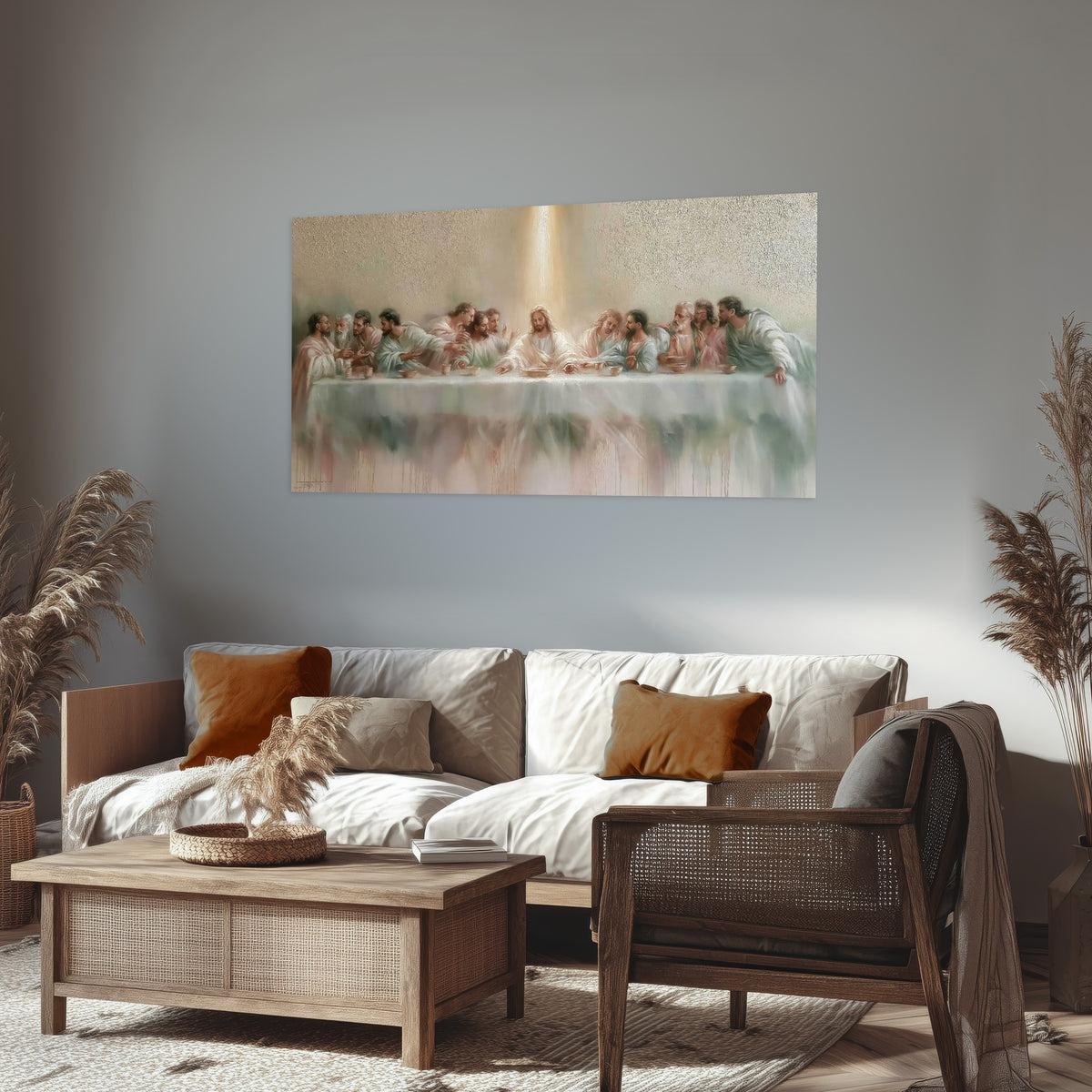 The Last Supper painting poster print in a rustic living room