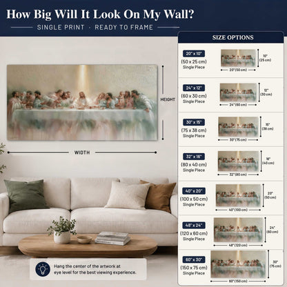 The Last Supper painting poster print size guide above a sofa