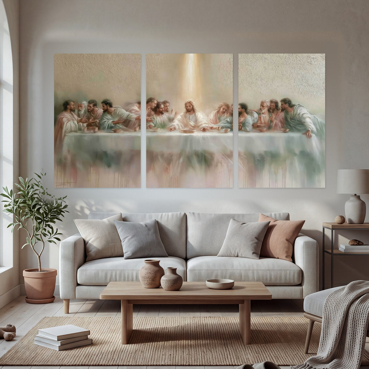 The Last Supper painting set of 3 poster prints in a bright living room
