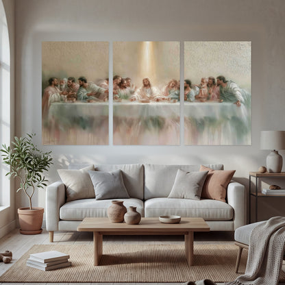 The Last Supper painting set of 3 poster prints in a bright living room