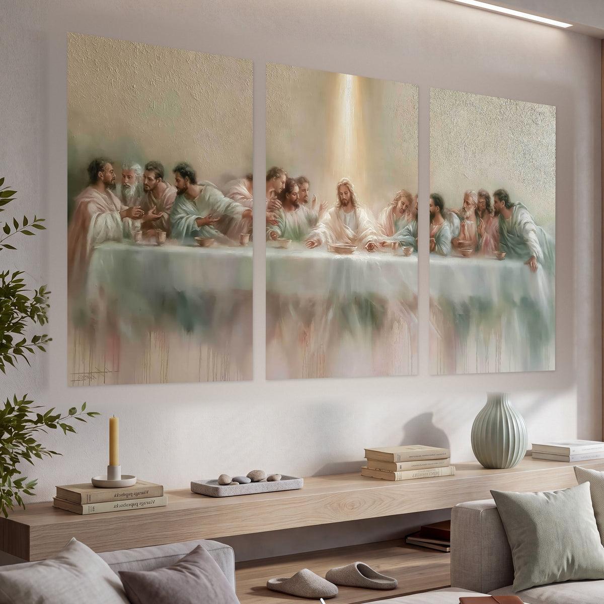 The Last Supper painting set of 3 poster prints in a living room above a console