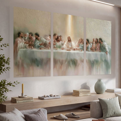 The Last Supper painting set of 3 poster prints in a living room above a console